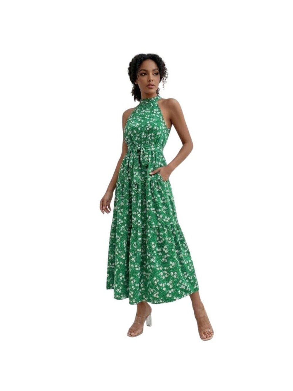 FS Collection Maxi Dress Size Large Floral Sleeveless Halter Tie Waist Green NEW